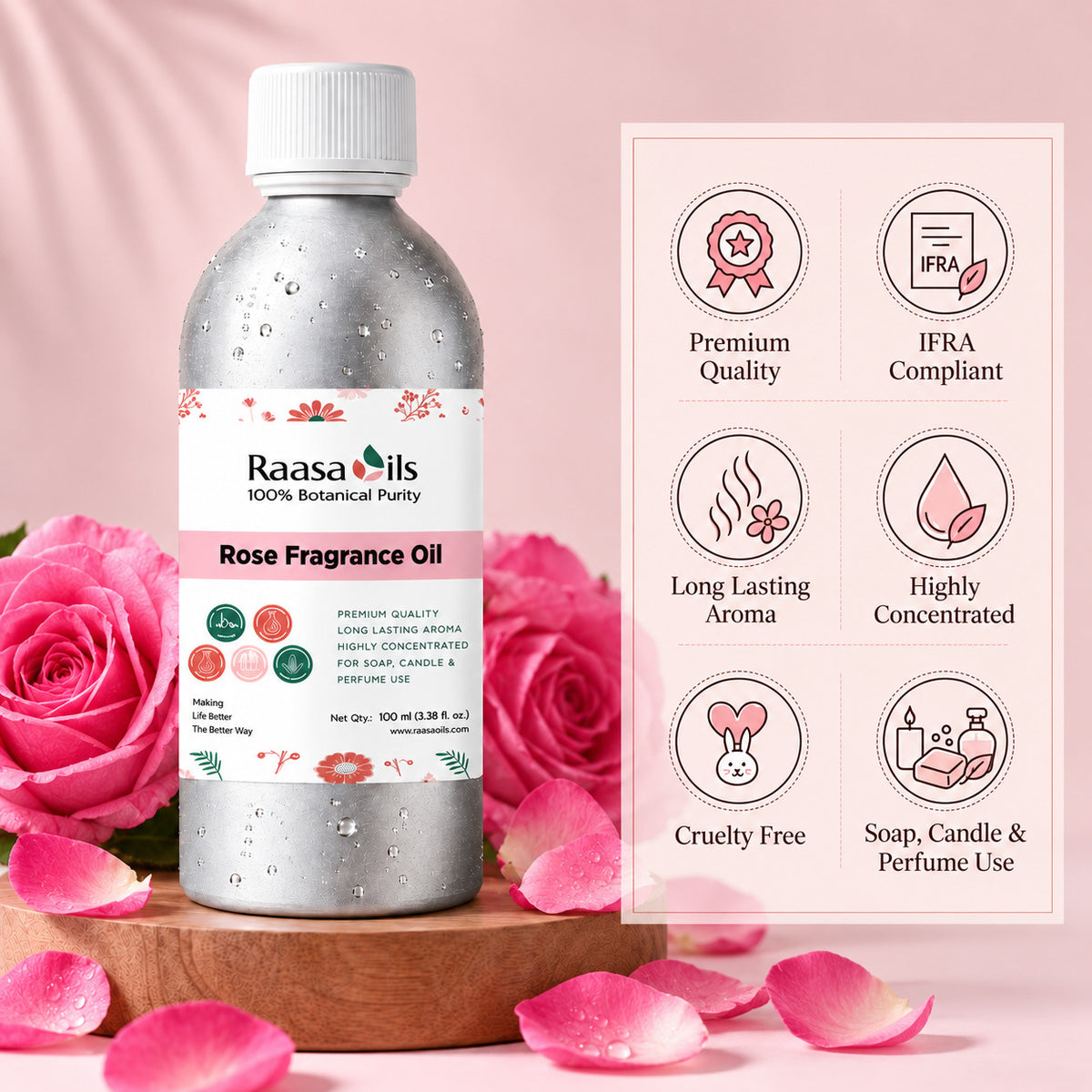 A bottle of Raasa Oils Rose Fragrance Oil stands on a wooden pedestal with pink roses and petals around it. A product information panel on the right lists benefits such as premium quality, IFRA compliant, long lasting aroma, highly concentrated, cruelty free, and suitable for soap, candle, and perfume use.