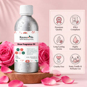 A bottle of Raasa Oils Rose Fragrance Oil stands on a wooden pedestal with pink roses and petals around it. A product information panel on the right lists benefits such as premium quality, IFRA compliant, long lasting aroma, highly concentrated, cruelty free, and suitable for soap, candle, and perfume use.