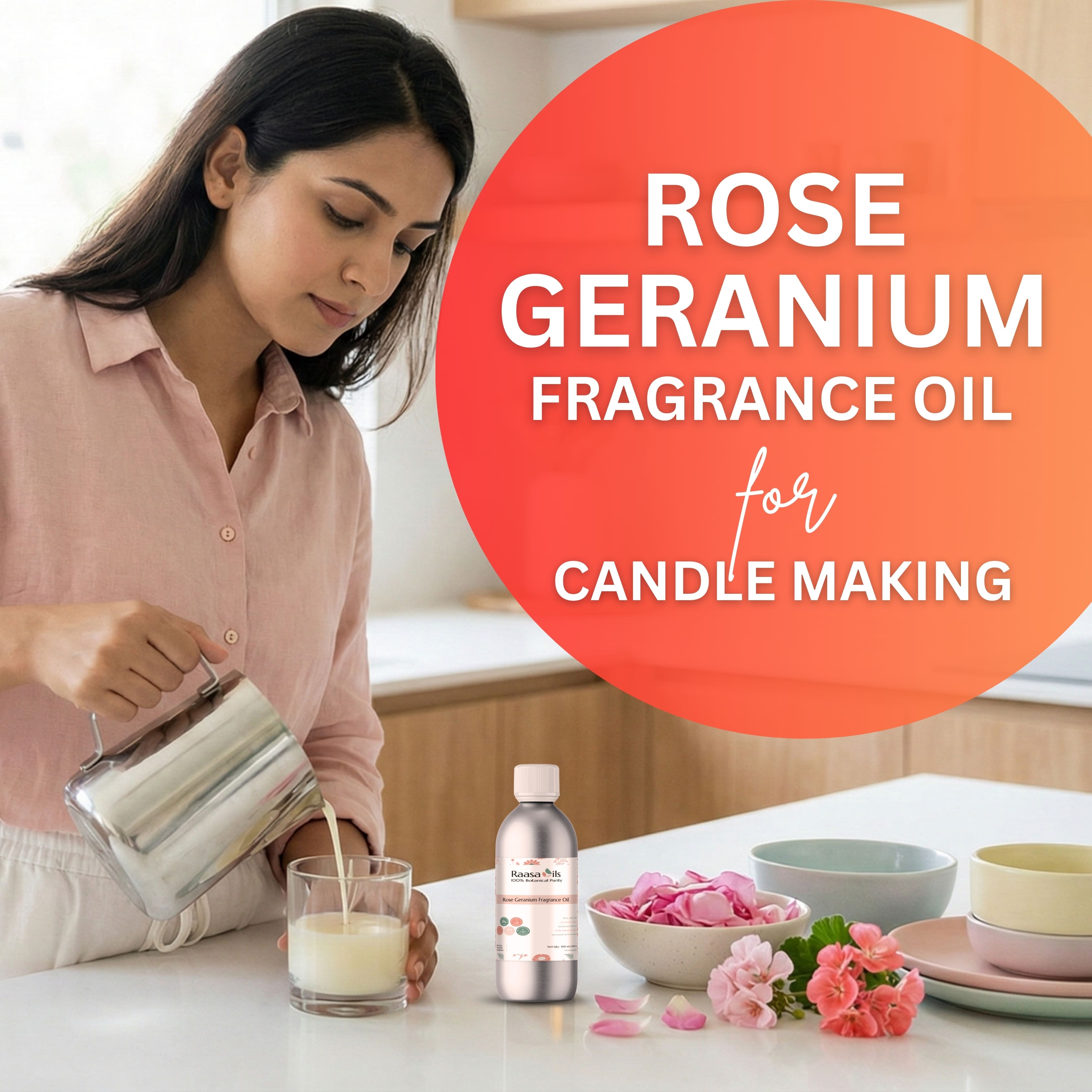 Woman making candles with rose geranium fragrance oil, surrounded by ingredients and tools.