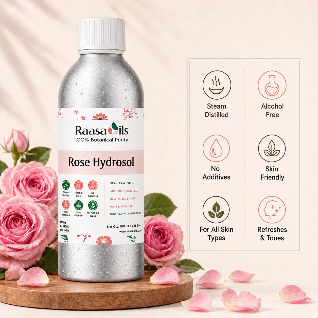 A bottle of Raasa Nils Rose Hydrosol shown on a wooden tray with pink roses and petals, next to a feature icon panel on a beige background.
