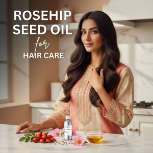 Woman with long hair in a kitchen setting with rosehip seed oil products.