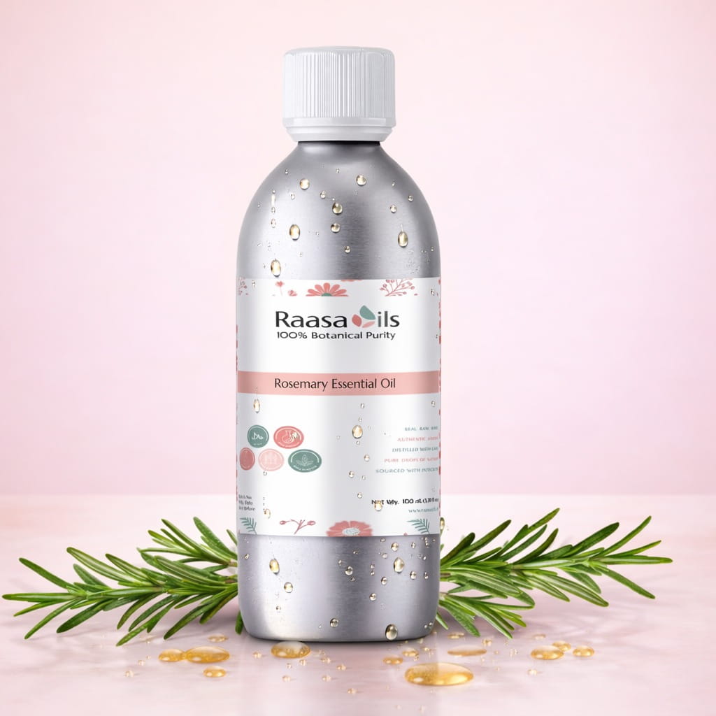 Bottle of Raasa Oils Rosemary Essential Oil with rosemary leaves on a pink background