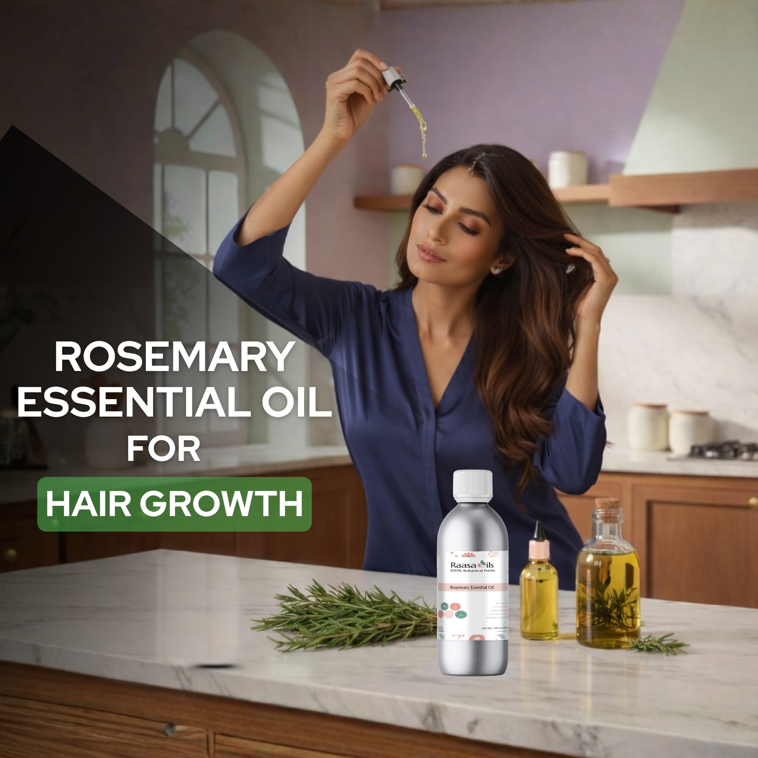Woman using rosemary essential oil for hair growth in a kitchen setting with bottles and herbs on the counter.