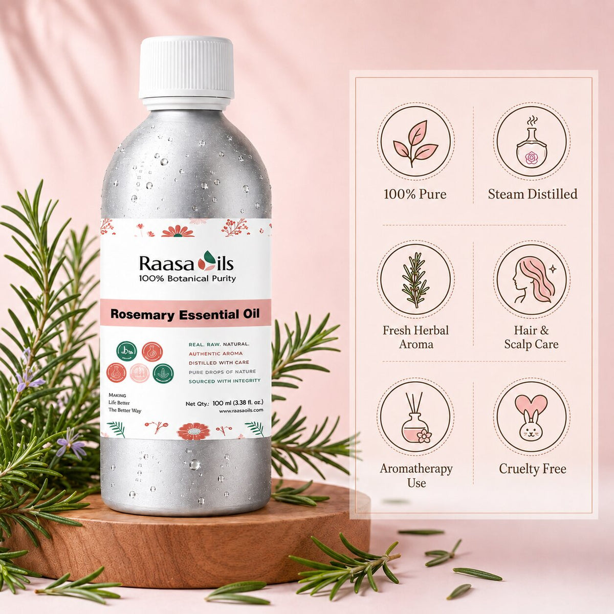 A bottle of Raasa Oils Rosemary Essential Oil on a wooden pedestal, surrounded by rosemary sprigs, with a graphic panel on the right detailing product benefits against a soft pink background.