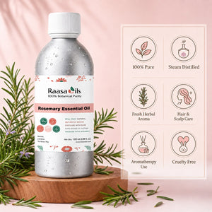 A bottle of Raasa Oils Rosemary Essential Oil on a wooden pedestal, surrounded by rosemary sprigs, with a graphic panel on the right detailing product benefits against a soft pink background.
