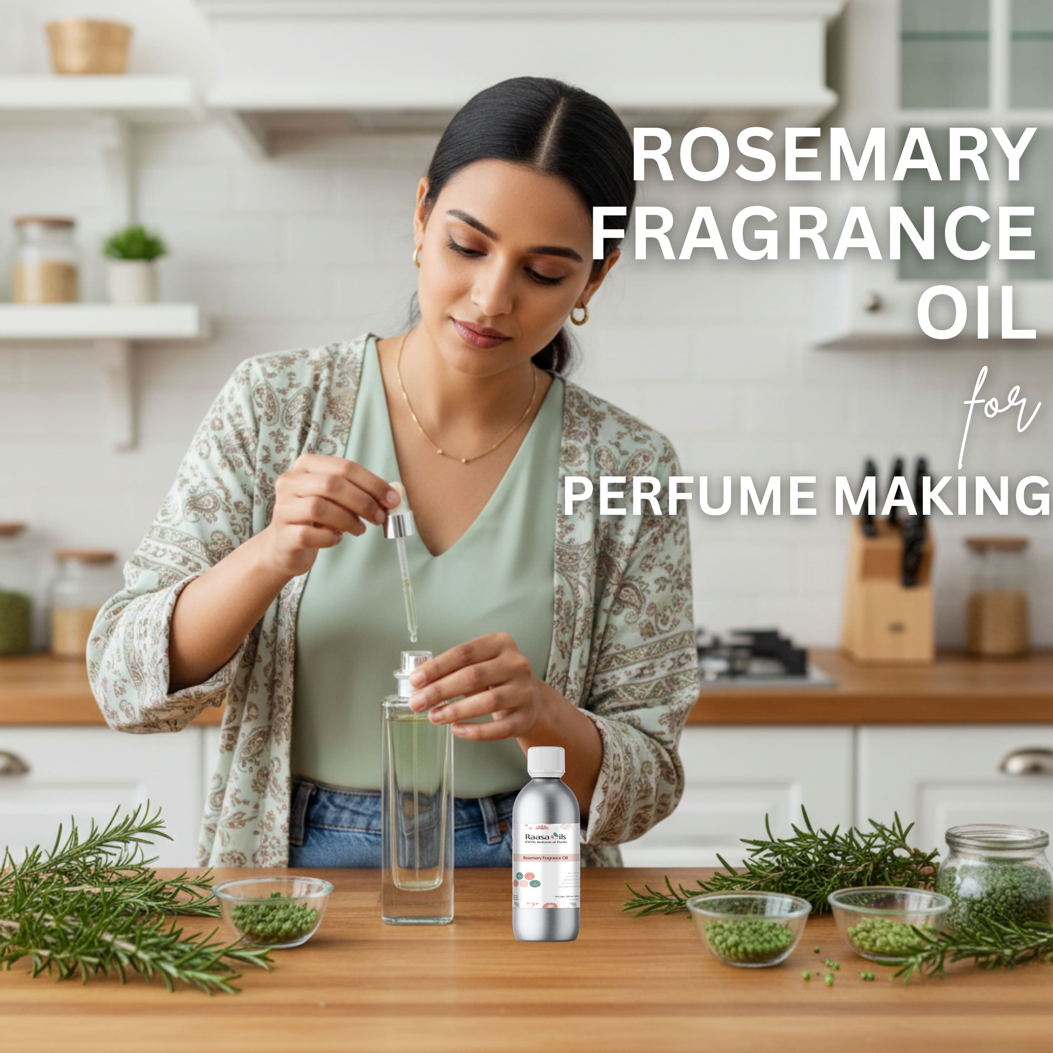 Woman making rosemary fragrance oil in a kitchen setting with text overlay.