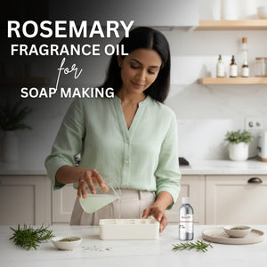 Woman in a kitchen preparing soap with rosemary fragrance oil, text overlay about rosemary fragrance oil for soap making.