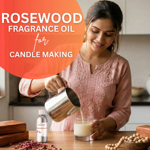 Woman pouring liquid into a glass with text about rosewood fragrance oil for candle making.