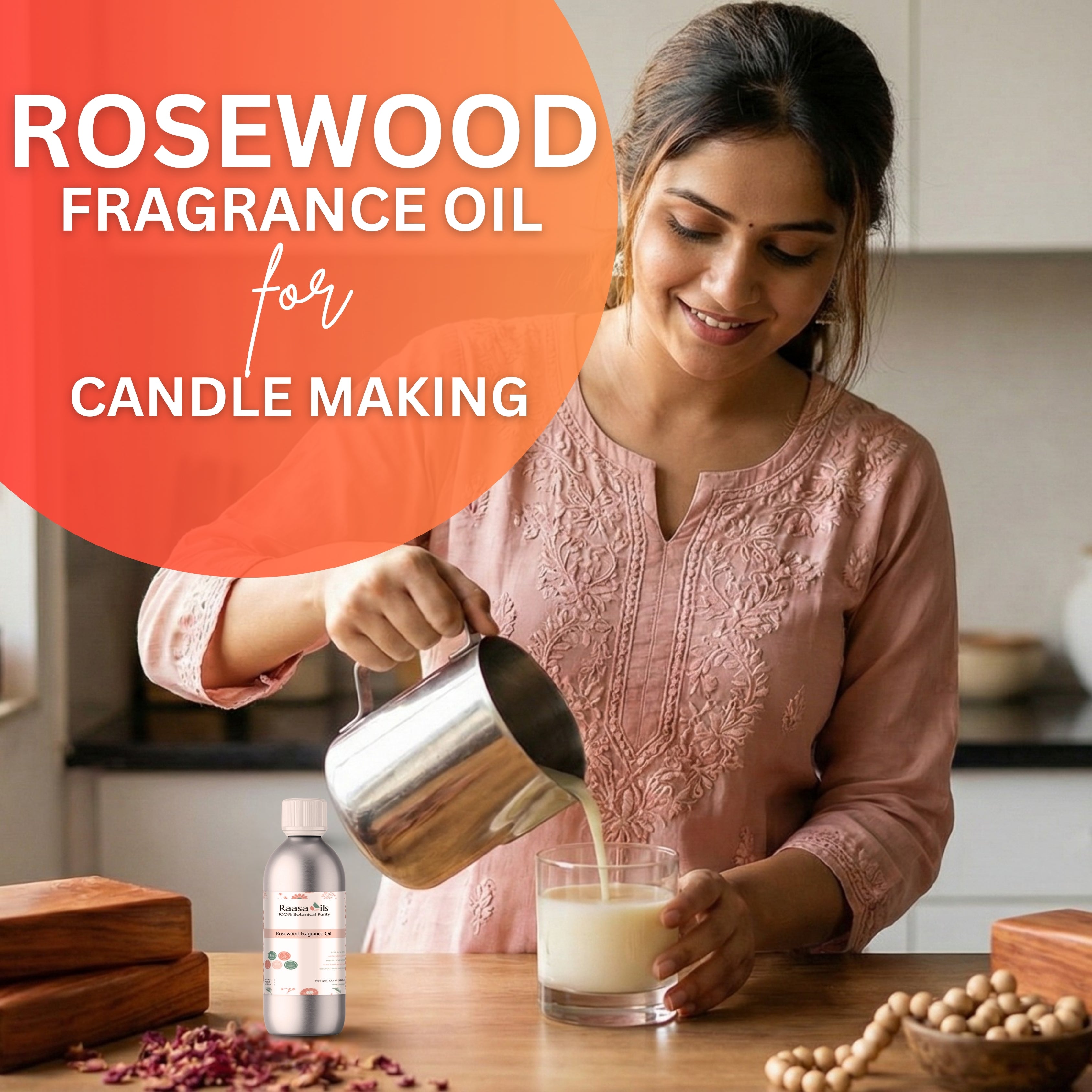 Woman pouring liquid into a glass with text about rosewood fragrance oil for candle making.