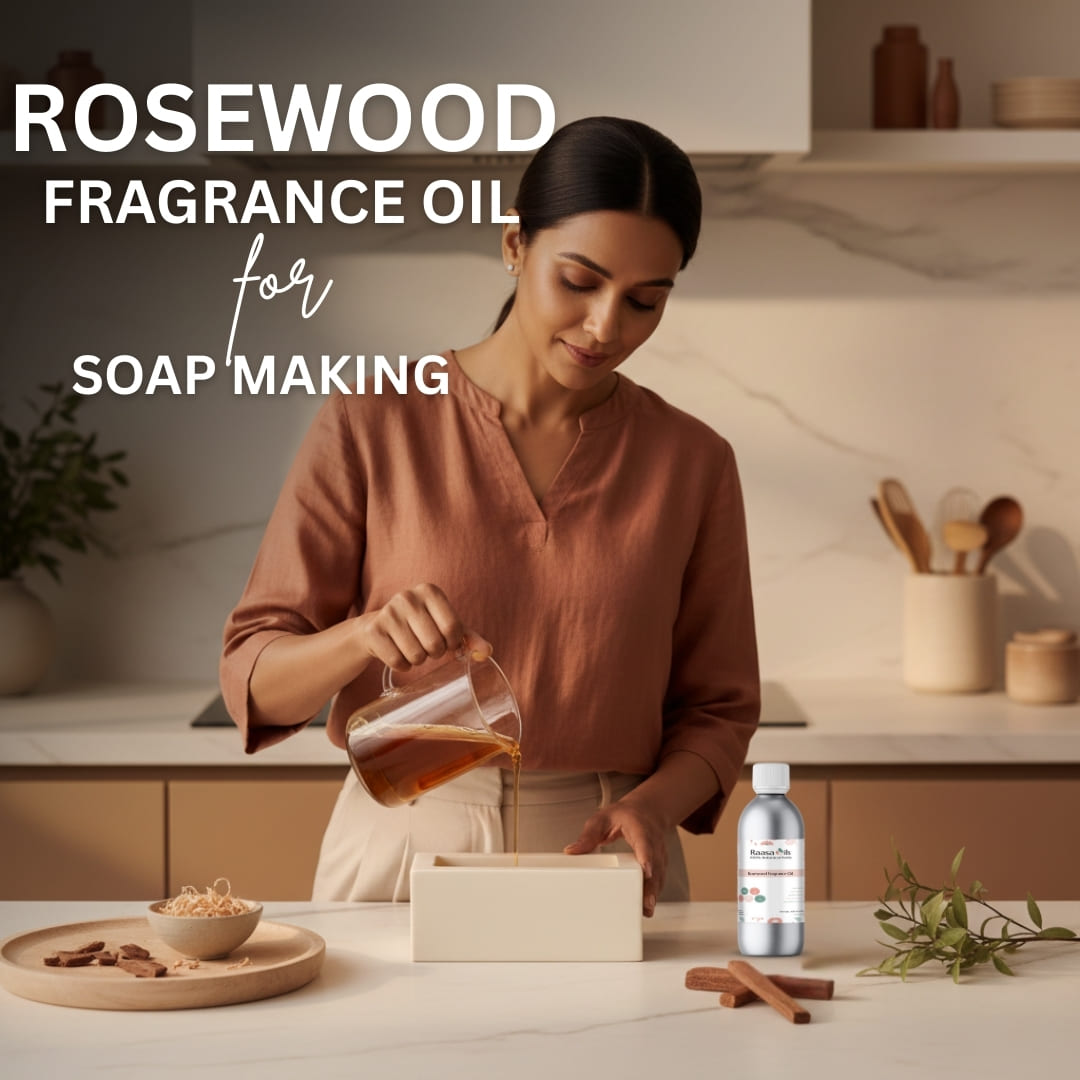 Woman pouring rosewood fragrance oil into a soap mold with text 'Rosewood Fragrance Oil for Soap Making'.