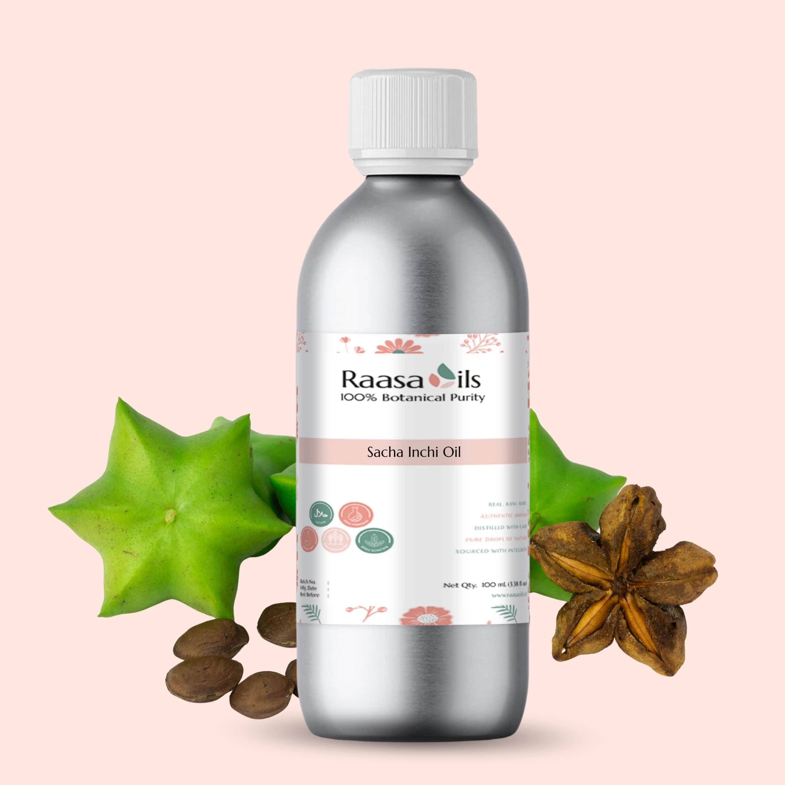 Bottle of Raasa Oils Sacha Inchi Oil with botanical elements on a beige background