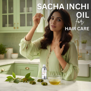 Woman with long hair holding a dropper of Sacha Inchi oil in a kitchen setting.