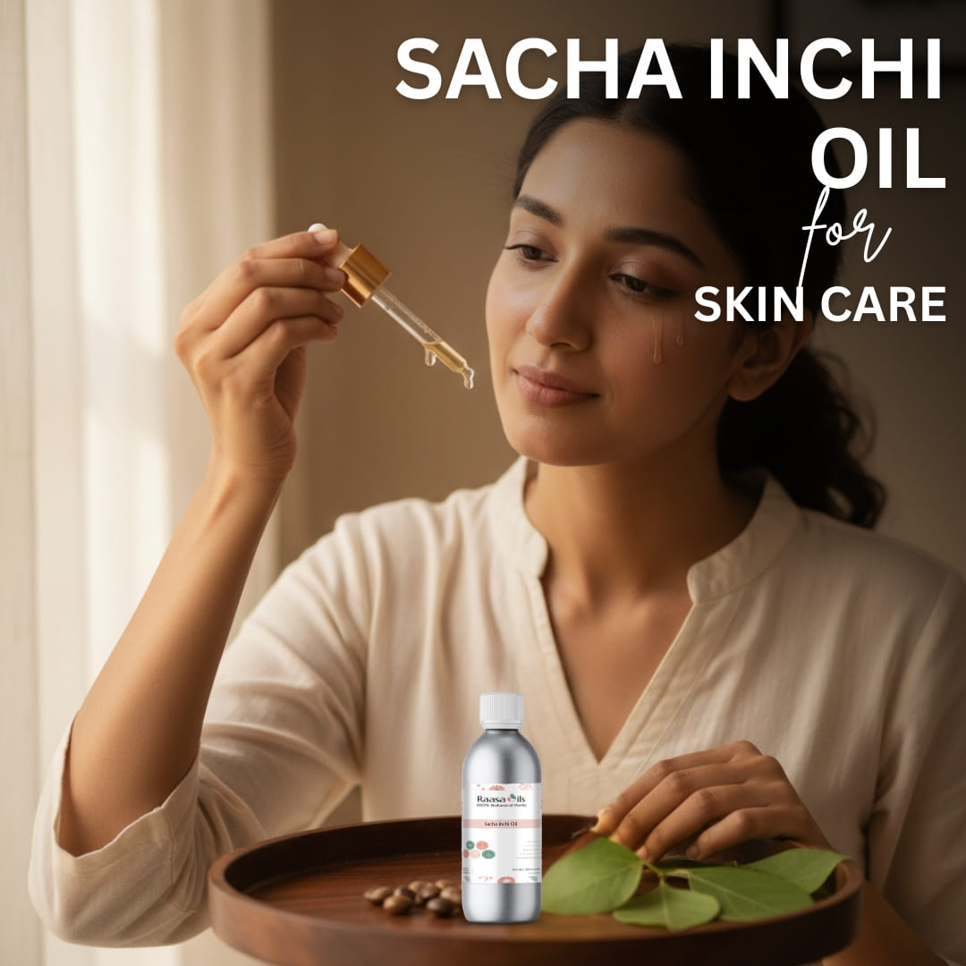 Woman using Sacha Inchi oil for skincare with a bottle and leaves on a tray.