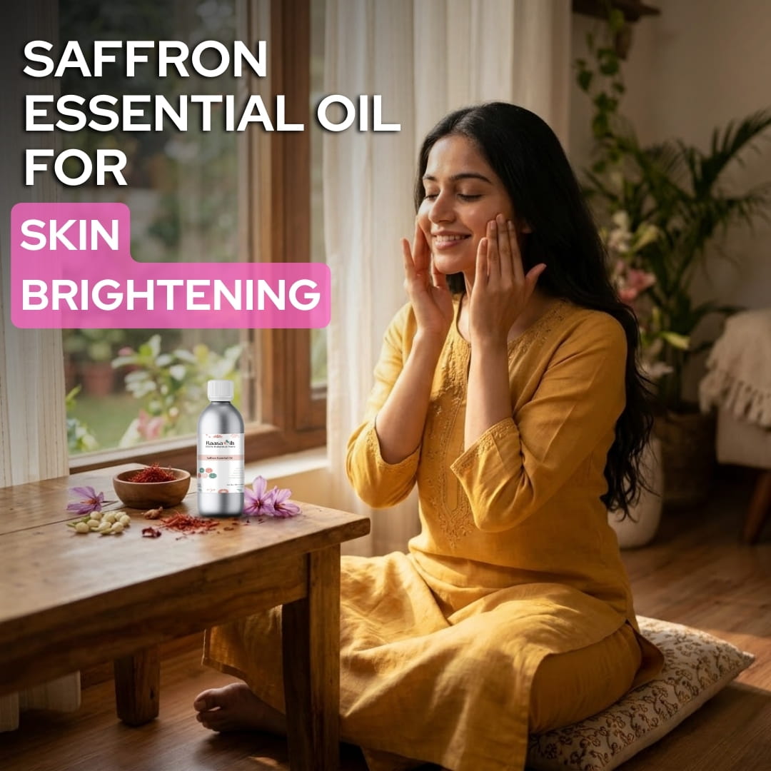 Woman applying saffron essential oil for skin brightening in a home setting.