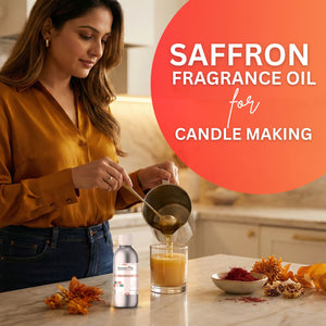 Woman pouring a liquid into a glass with saffron and a bottle labeled 'Saffron Plus' on a kitchen counter.