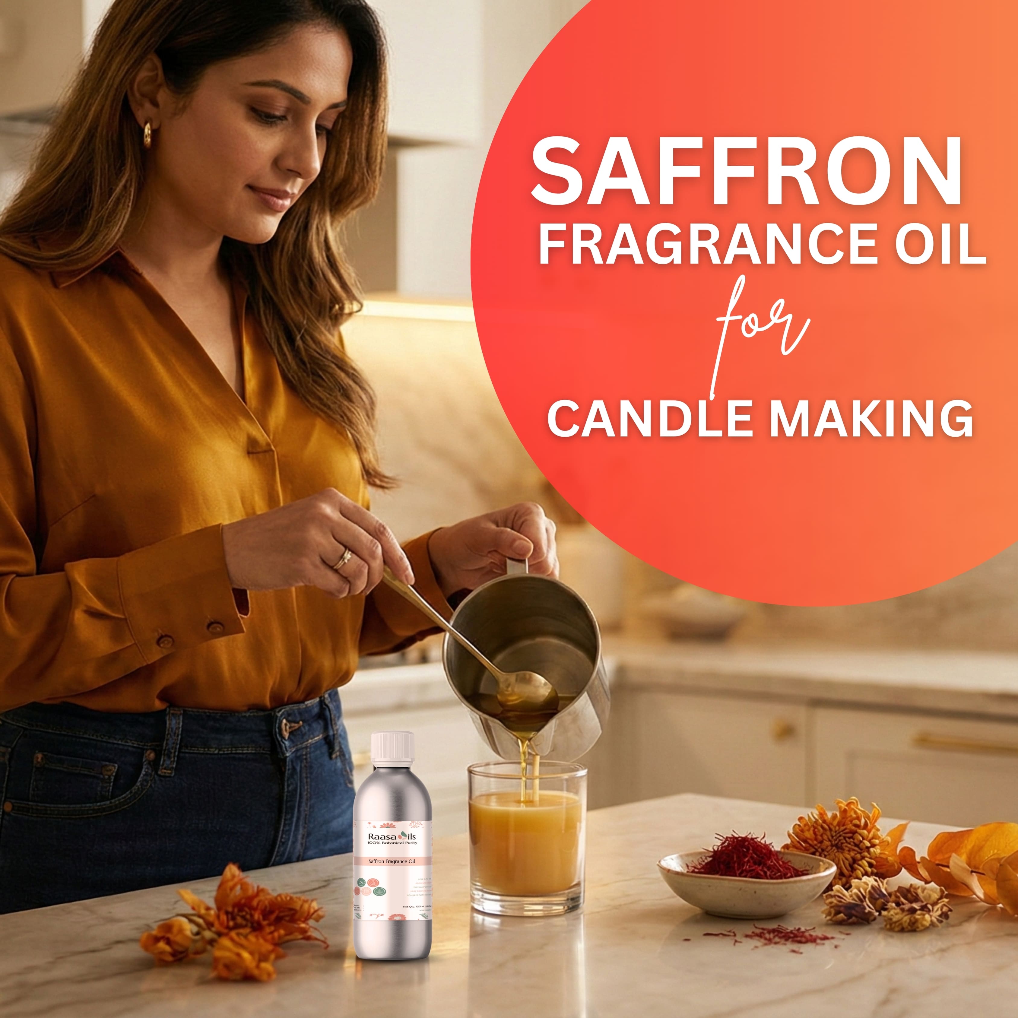 Woman pouring a liquid into a glass with saffron and a bottle labeled 'Saffron Plus' on a kitchen counter.
