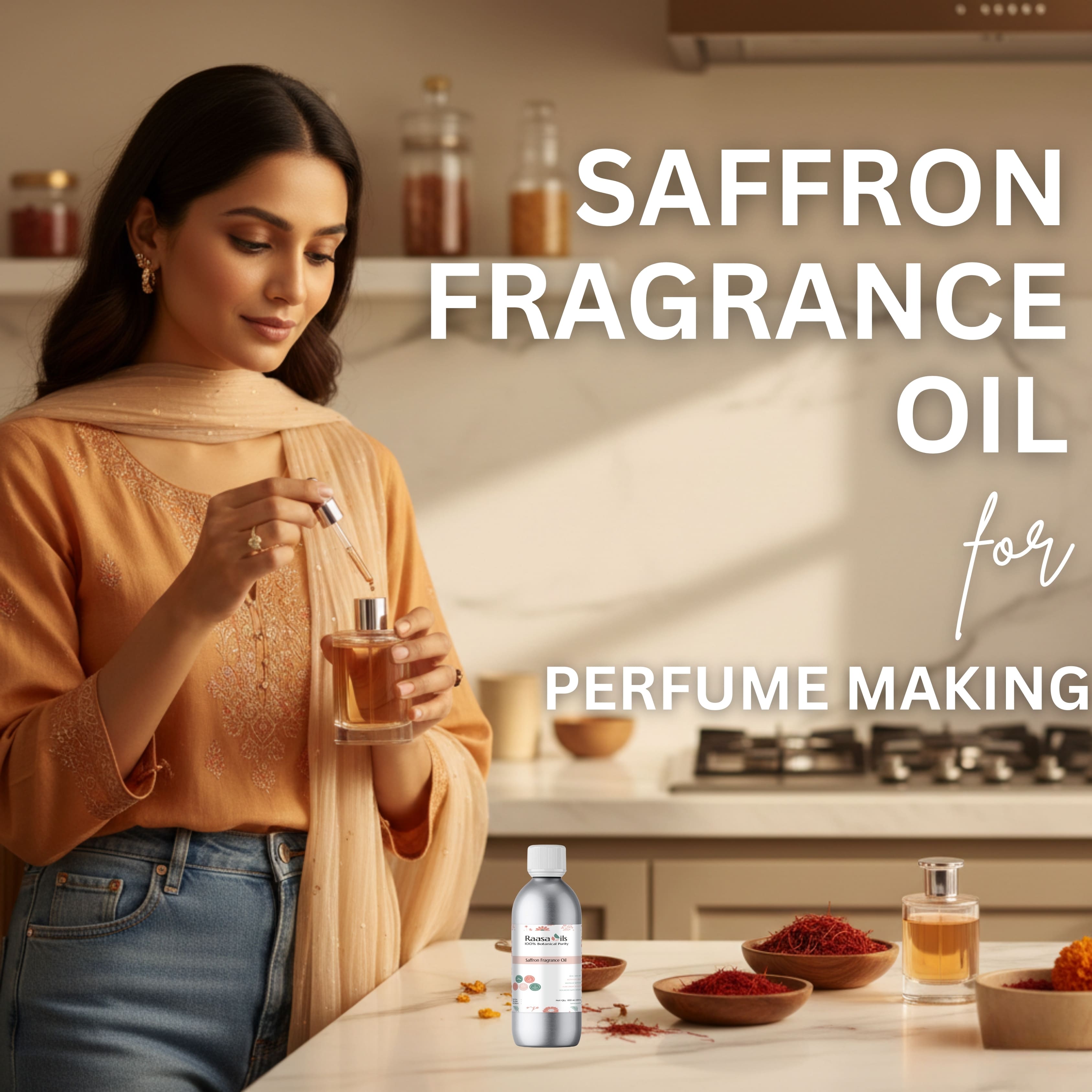 Woman holding a bottle of saffron fragrance oil with ingredients on a kitchen counter.