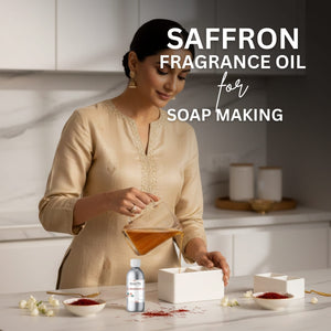 Woman in a kitchen preparing saffron fragrance oil for soap making