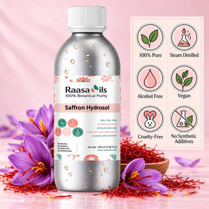 A bottle of Raasa Oils Saffron Hydrosol centered on a pink background with purple saffron flowers and red saffron threads around it. A pink informational panel on the right lists product benefits: 100% Pure, Steam Distilled, Alcohol Free, Vegan, Cruelty-Free, and No Synthetic Additives.