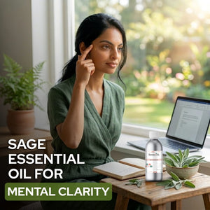 Woman sitting at a desk with a laptop, plants, and a bottle of Sage Essential Oil with text about mental clarity.