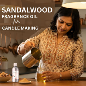Woman pouring sandalwood fragrance oil into a jar with text about sandalwood fragrance oil for candle making.
