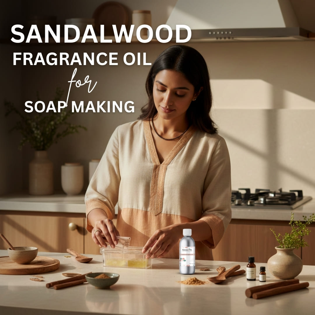 Woman in a kitchen preparing sandalwood fragrance oil for soap making