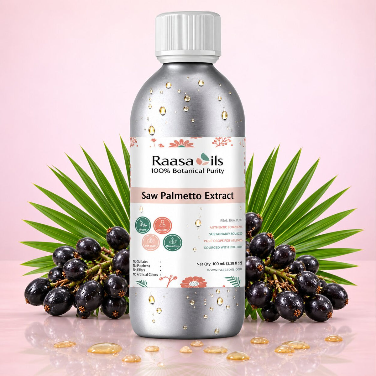 A bottle of Raasa oils Saw Palmetto Extract centered on a pink background, flanked by green palm leaves and clusters of dark purple saw palmetto berries with scattered golden oil droplets.