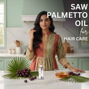 Woman in a kitchen with saw palmetto oil and ingredients, promoting hair care.