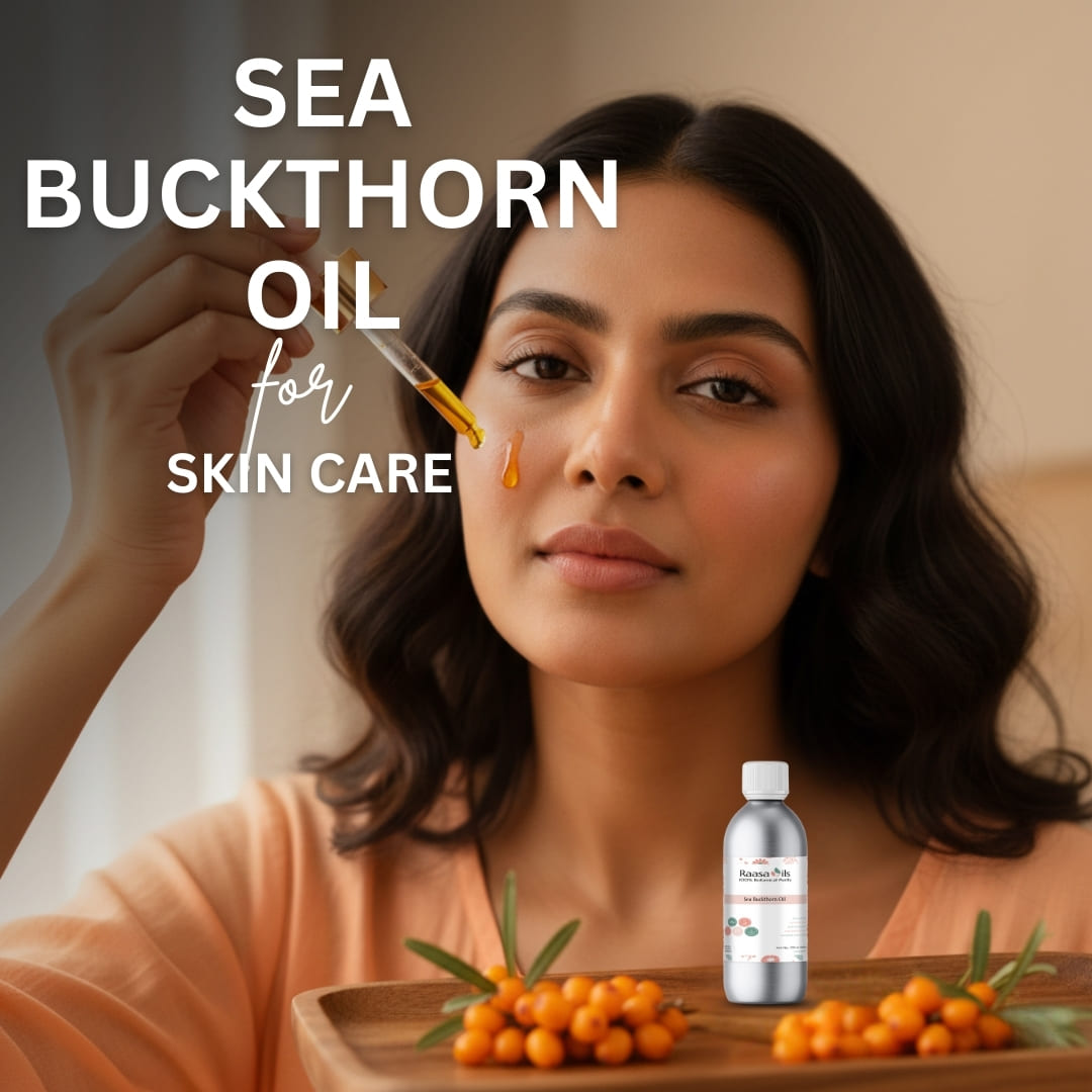 Woman applying sea buckthorn oil to her face with text 'Sea Buckthorn Oil for Skin Care'.