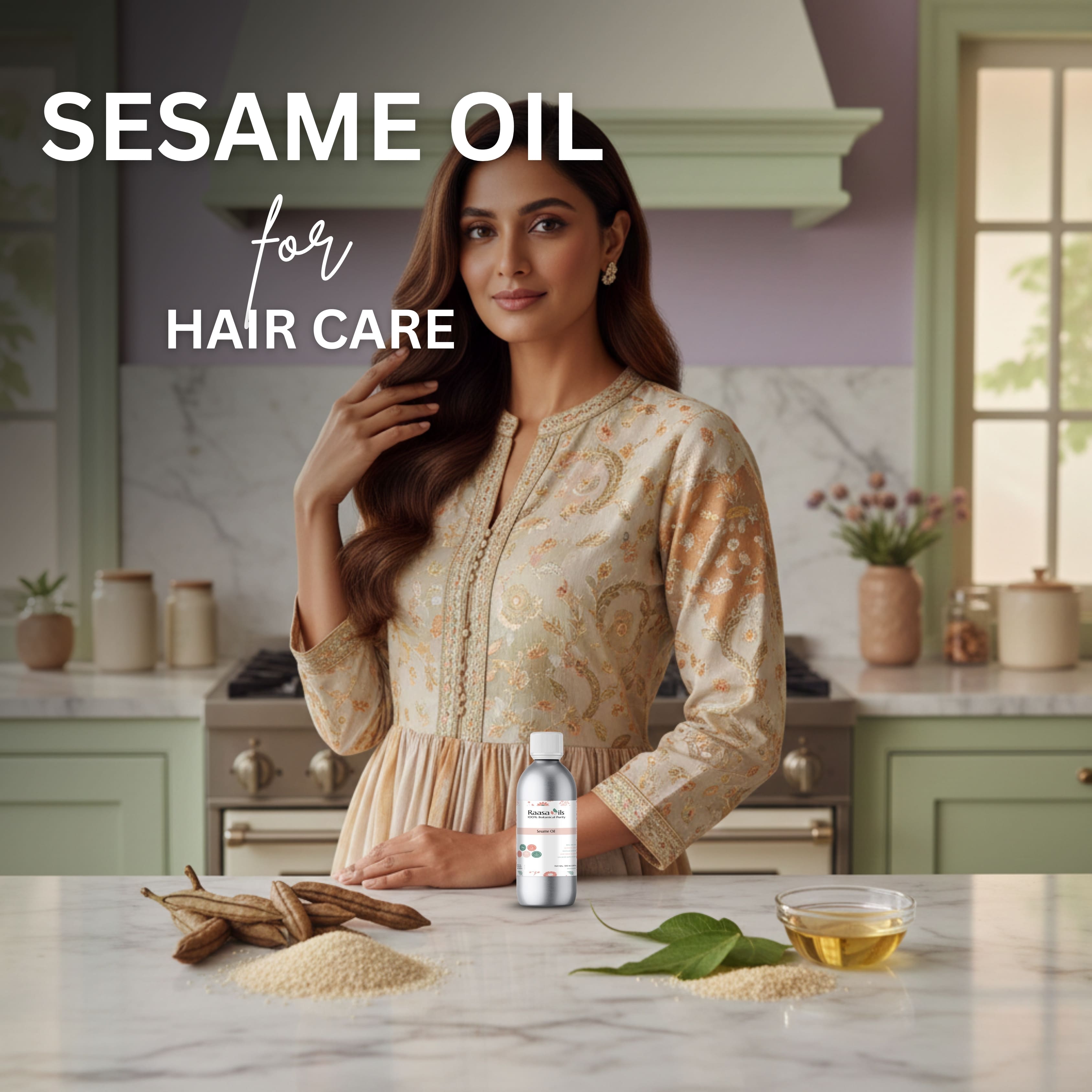 Woman with long hair in a kitchen setting with sesame oil products.