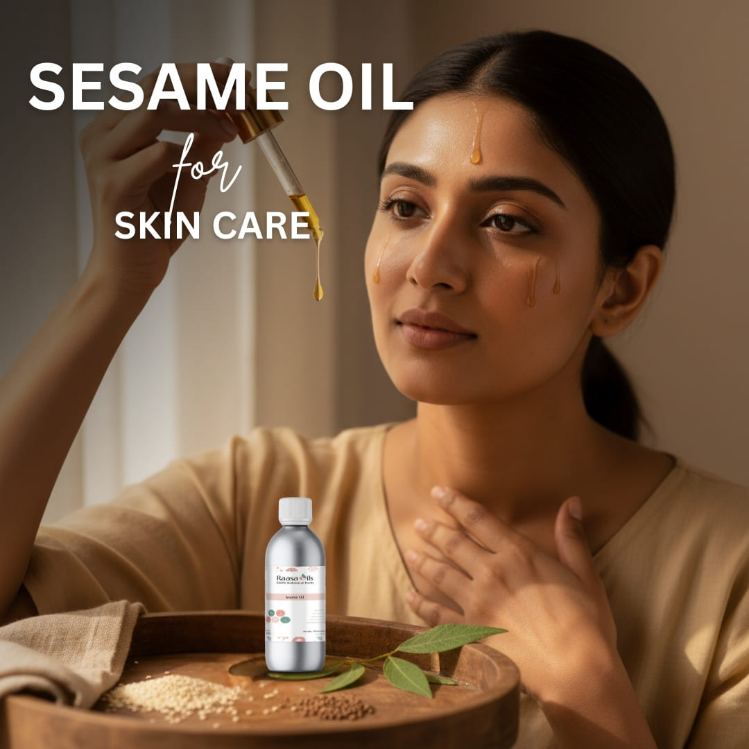 Woman applying sesame oil to her face with a dropper, surrounded by sesame seeds and leaves on a wooden tray.