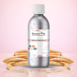 Raasa Oils Shatavari Liquid Extract bottle with shatavari roots on a pink background