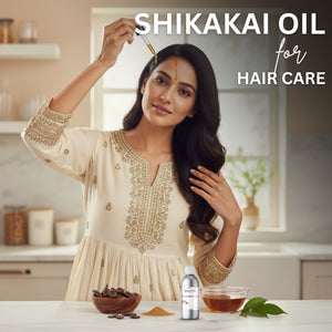 Woman applying Shikakai oil to her hair with kitchen background