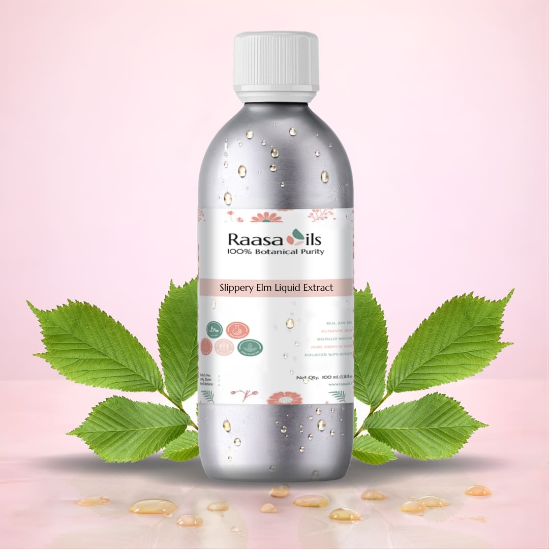 Bottle of Raasa Oils Slippery Elm Liquid Extract with green leaves on a pink background