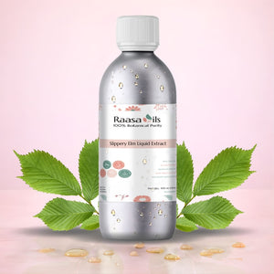 Bottle of Raasa Oils Slippery Elm Liquid Extract with green leaves on a pink background