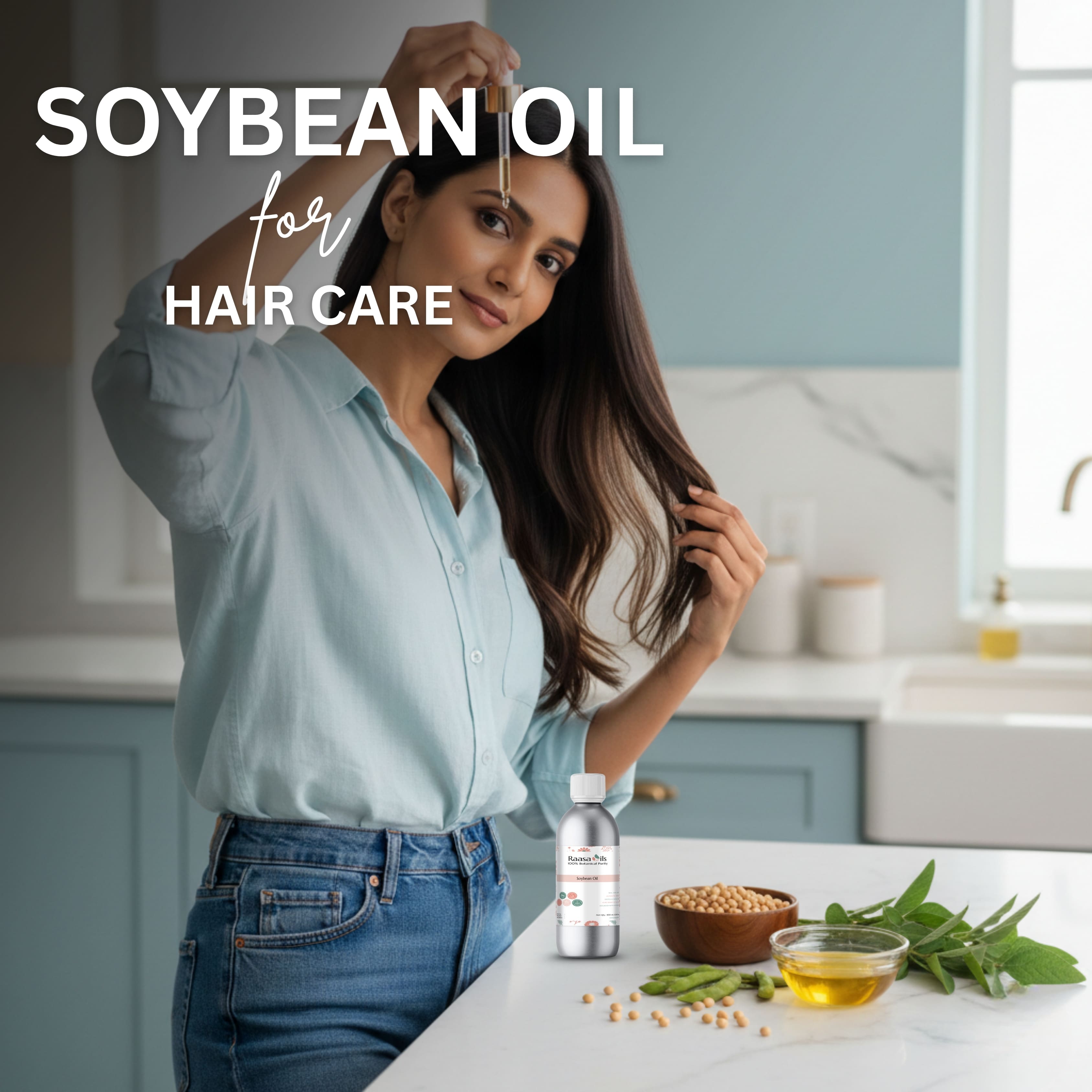 Woman with long hair standing in a kitchen with soybean oil products on the counter.