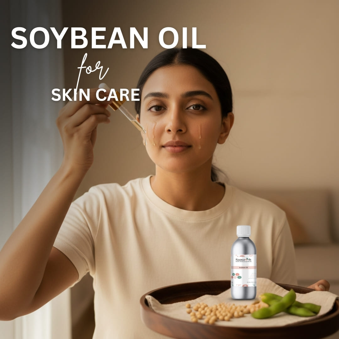Woman applying soybean oil to her face with a dropper, surrounded by soybeans and green beans on a tray.