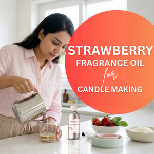 Woman making candles with strawberry fragrance oil in a kitchen setting