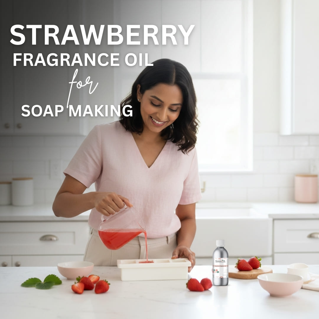 Woman pouring red liquid into a container with text about strawberry fragrance oil for soap making.