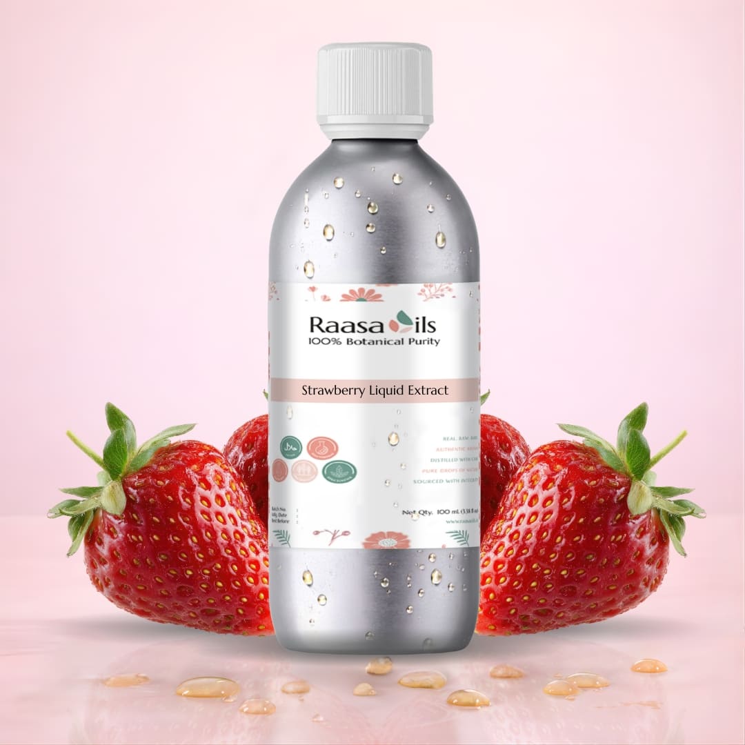 Bottle of Raasa Oils Strawberry Liquid Extract with strawberries on a pink background