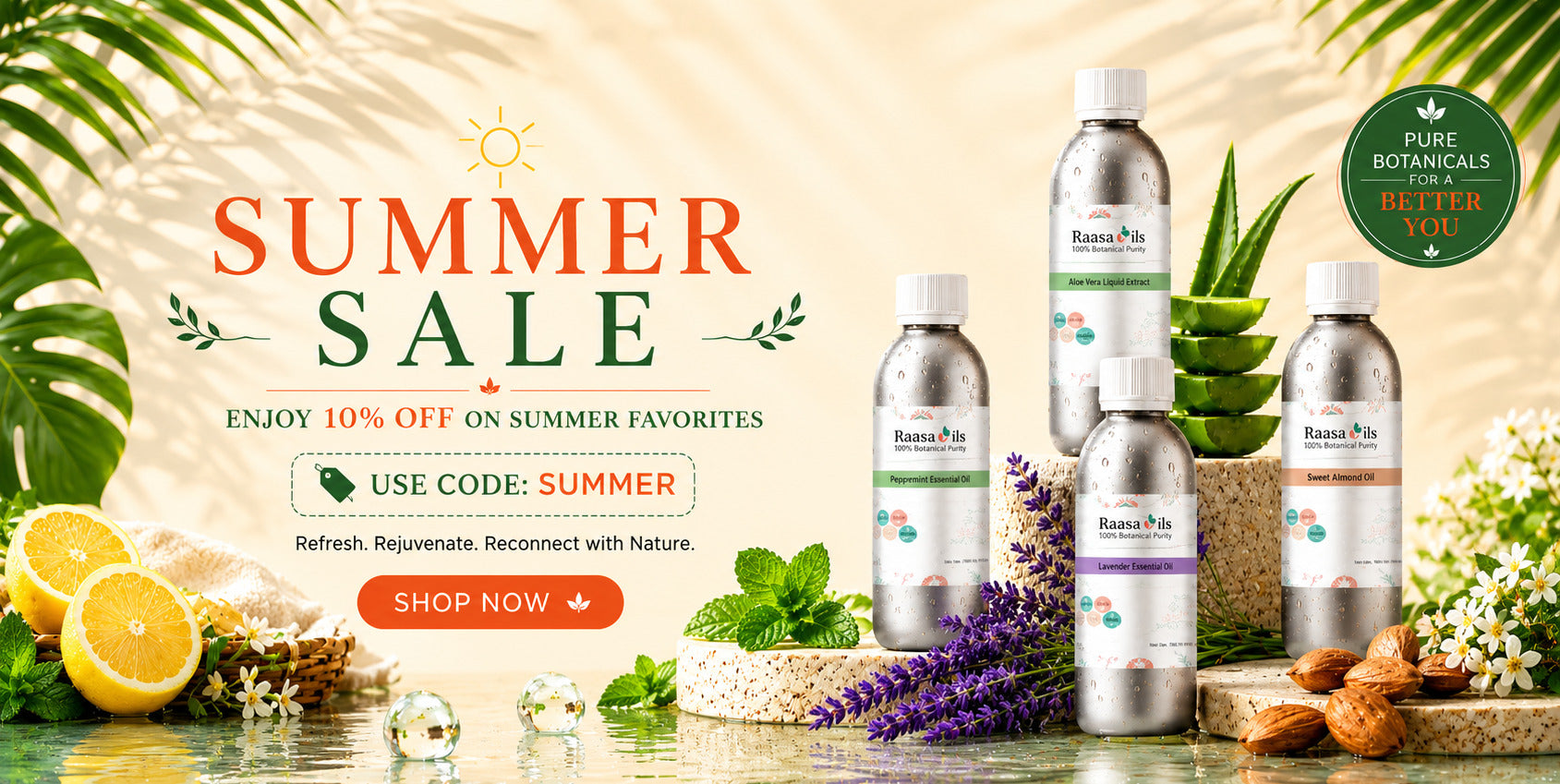 Summer sale advertisement with Botanicals products and promotional text on a nature-themed background.