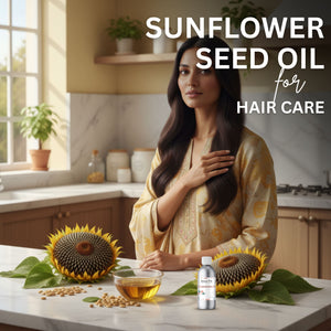Woman with long hair in a kitchen setting with sunflower seed oil products.