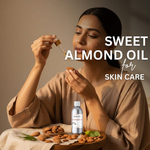 Woman applying almond oil to her skin with text 'Sweet Almond Oil for Skin Care' on a neutral background.