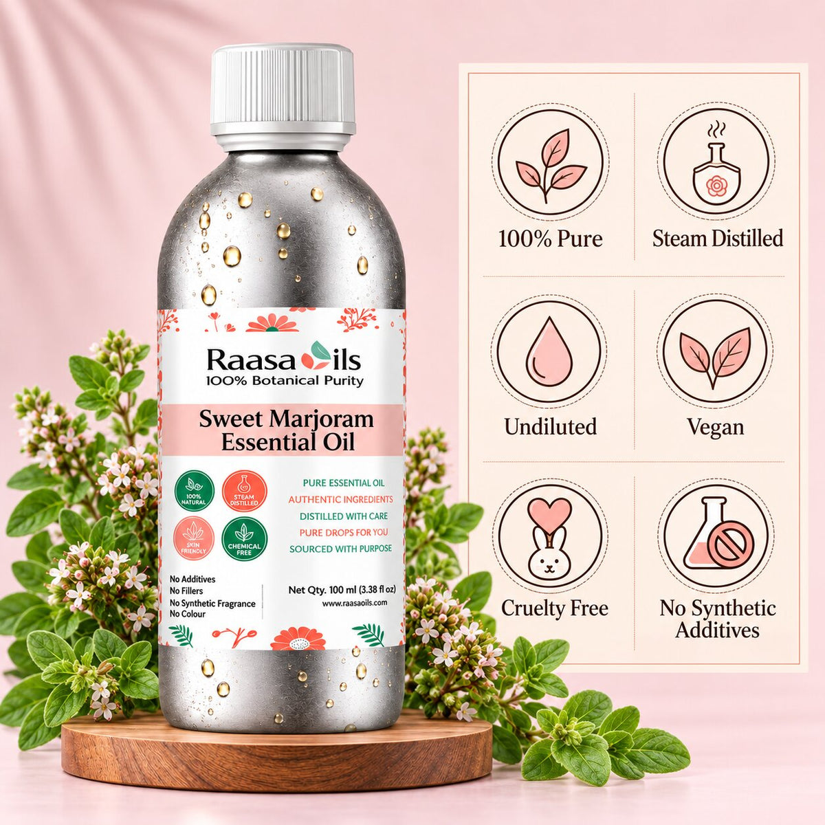 A bottle of Raasa oils Sweet Marjoram Essential Oil displayed on a wooden coaster with fresh Marjoram flowers. The background is a soft pink with a graphic detailing product benefits on the right.
