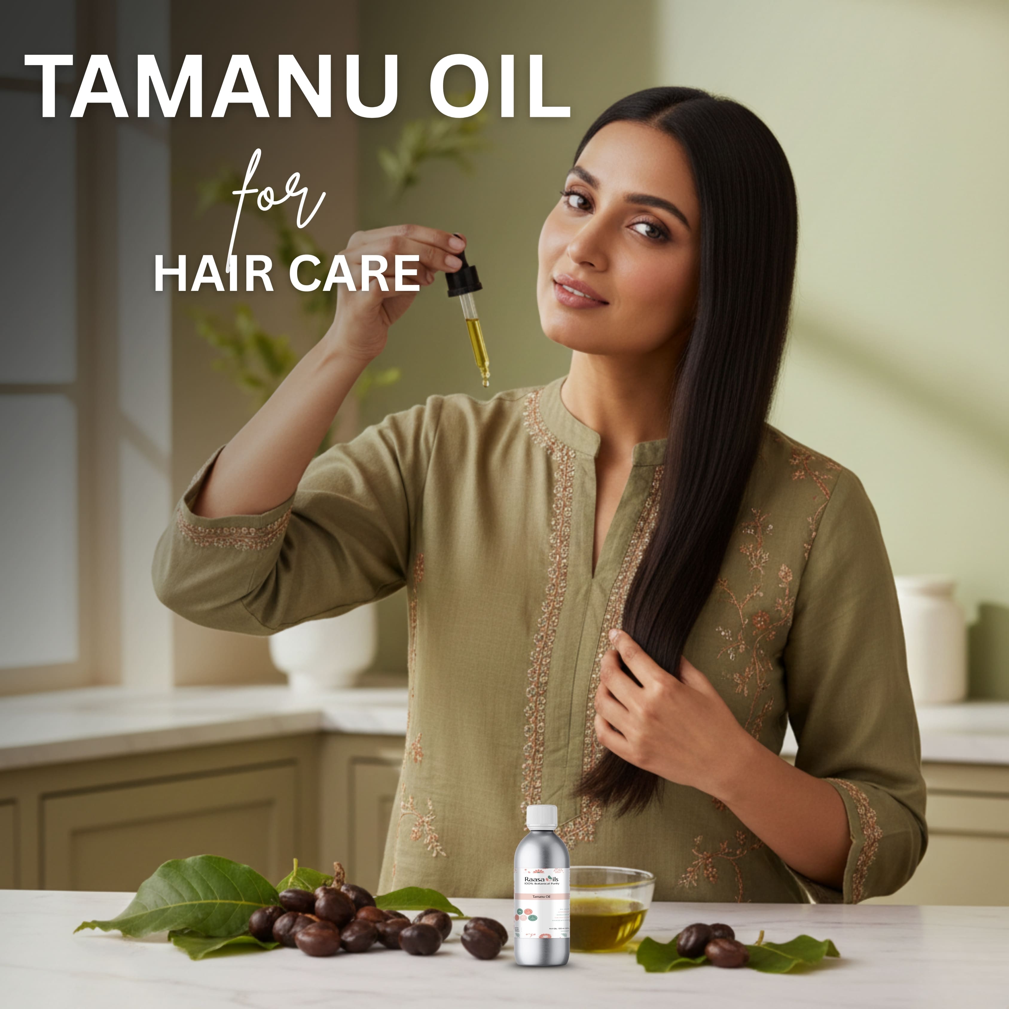 Woman holding tamanu oil with text 'Tamanu Oil for Hair Care' in a kitchen setting.