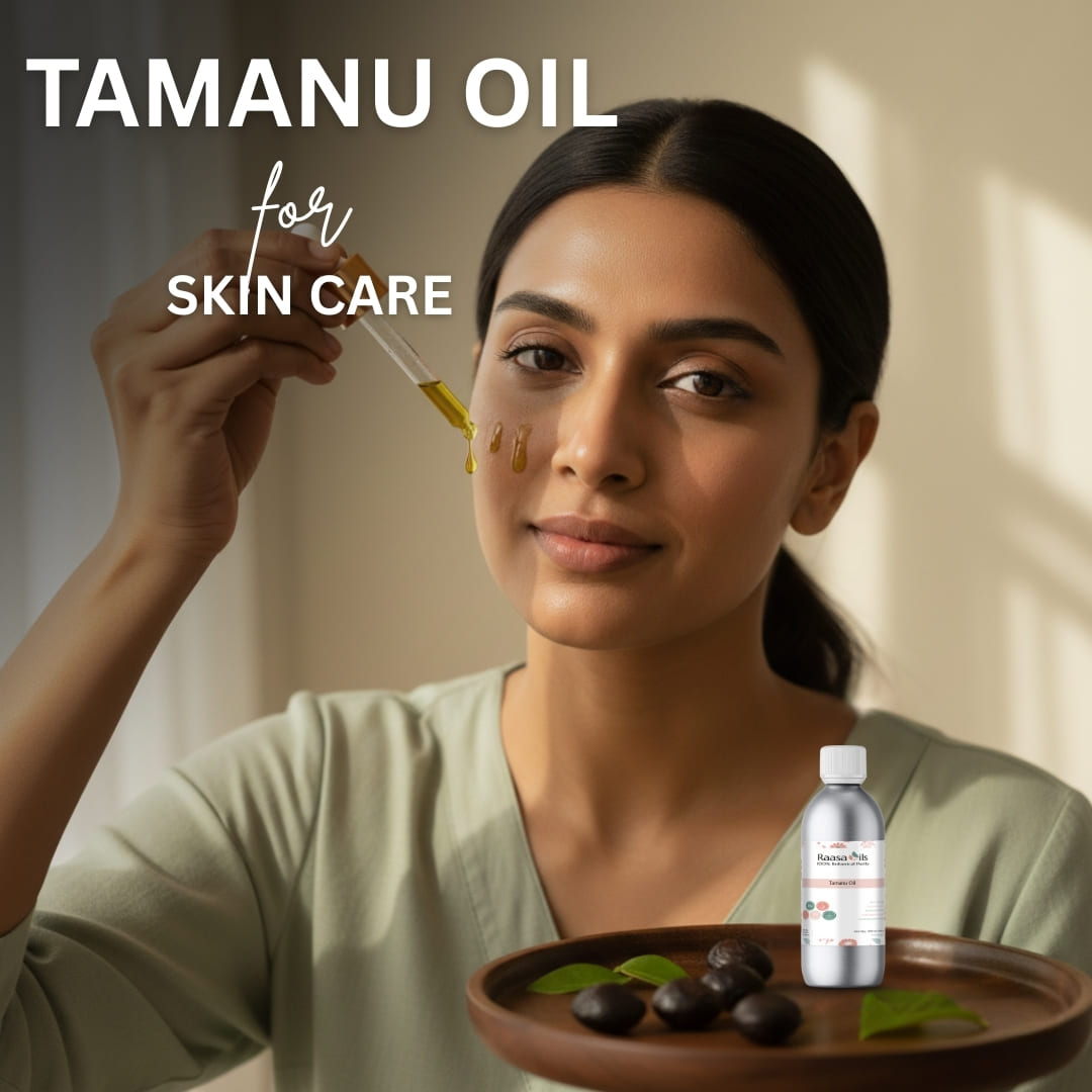 Woman applying tamanu oil to her skin with a dropper, surrounded by tamanu fruits and leaves.