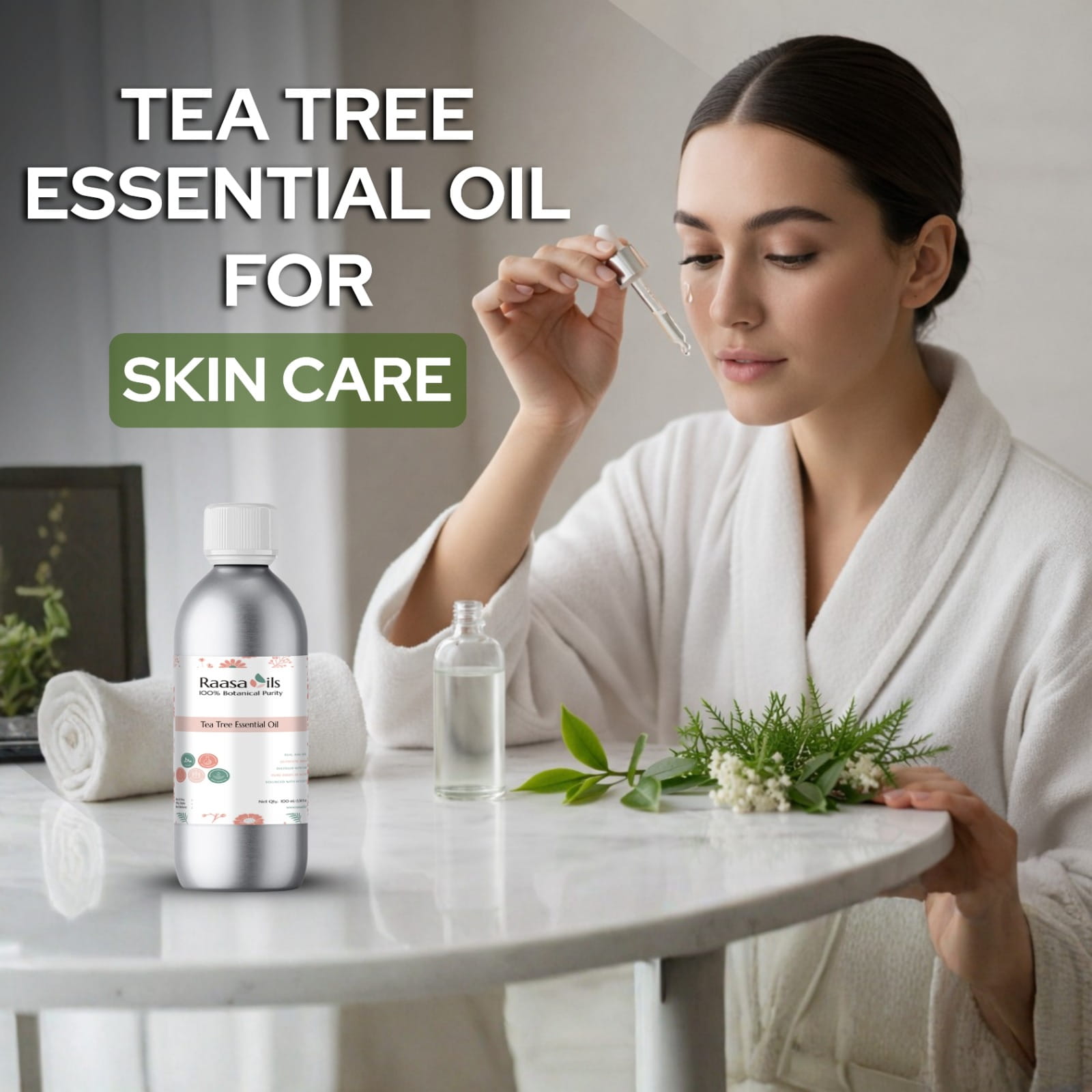 Woman using tea tree essential oil for skin care with a bottle of the product on a table.