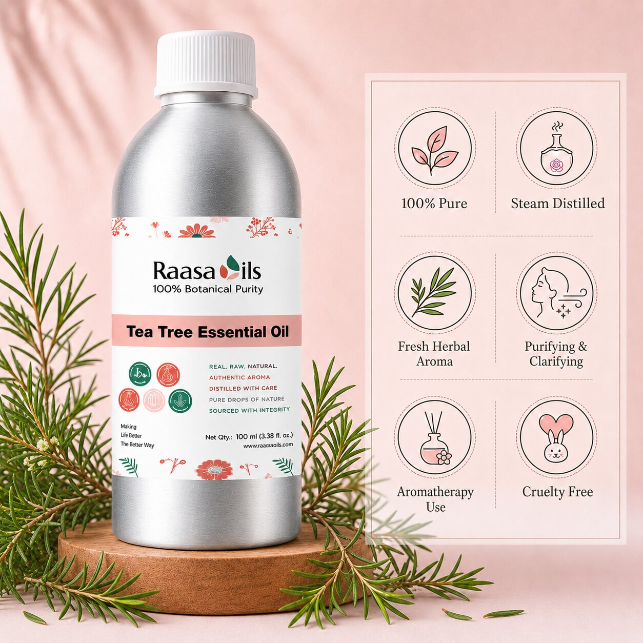 A bottle of Raasa Oils Tea Tree Essential Oil displayed on a wooden coaster with green pine branches, next to an informational graphic detailing product benefits on a soft pink background.