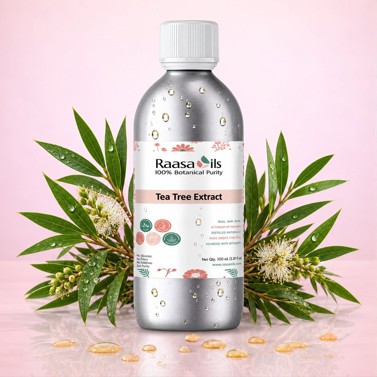 A bottle of Raasa 14ils Tea Tree Extract essential oil with botanical leaves and flowers arranged around it on a pink background.