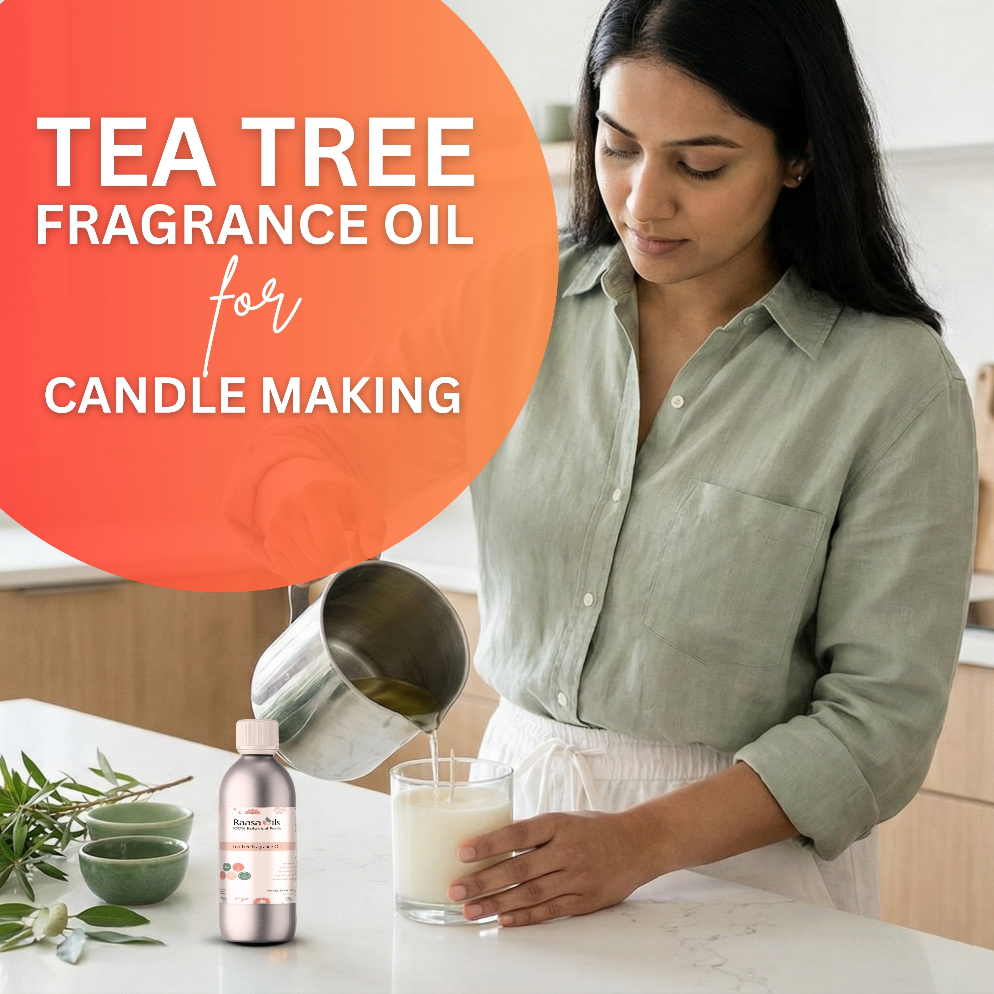 Woman pouring liquid into a glass with tea tree fragrance oil for candle making on a table.